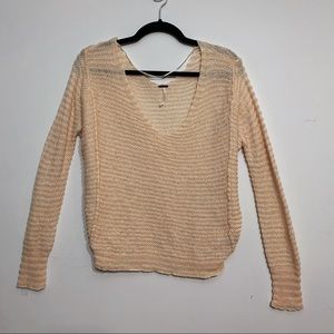 Free People Textured Knit Sweater XS Linen Wool Blend V-Neck Oversized Neutral